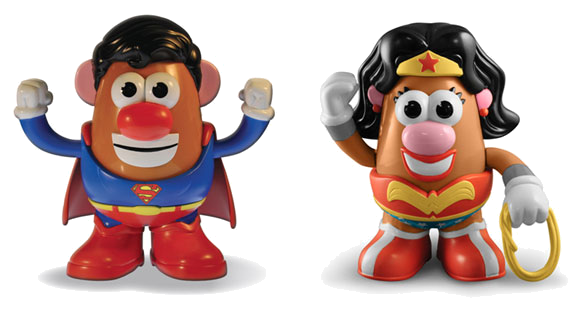 Two children's toys dressed as super heros